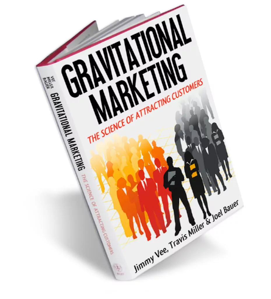 Book cover of "Gravitational Marketing: The Science of Attracting Customers" featuring silhouettes of diverse people, emphasizing customer attraction and marketing strategies.